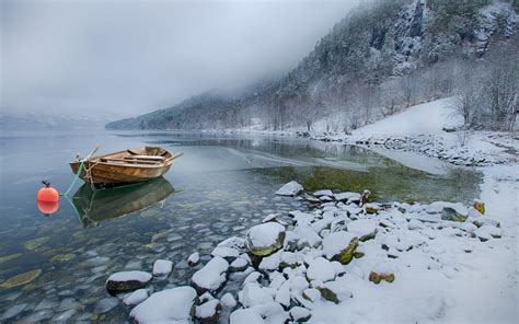 nature, Landscape, Snow, Lake, Mountains, Winter, Boat, Mist, Calm ...