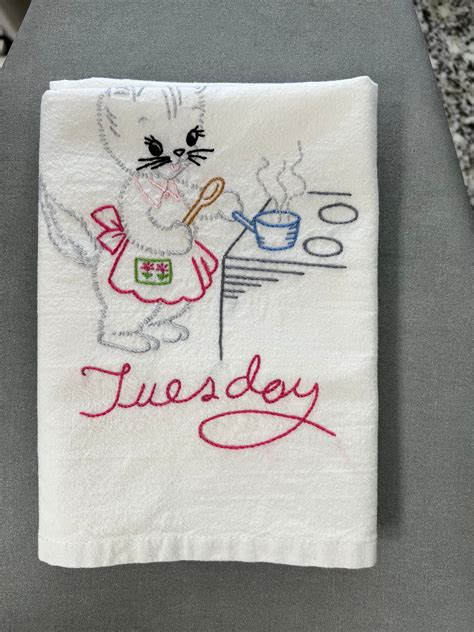 Set Of 7 Hand Embroidered Kitchen Towels With Cats Or Kittens Theme