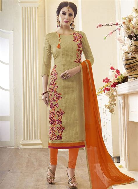 Cream Embroidered Cotton Straight Churidar Suit Salwar Neck Designs