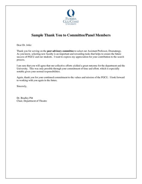 Sample Thank You Letter To Committee Panel Members Sample Thank You