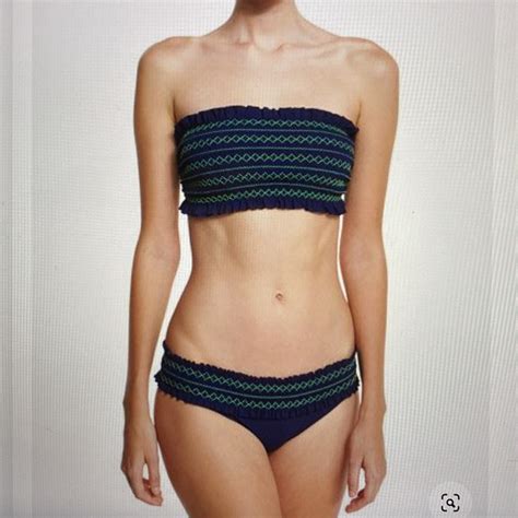 Tory Burch Costa Smocked Bandeau Bikini Swimsuit Navy Gem