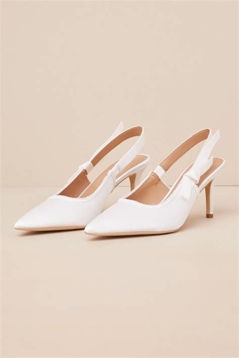 White Satin Pumps Pointed Toe Pumps Slingback Bow Pumps Lulus