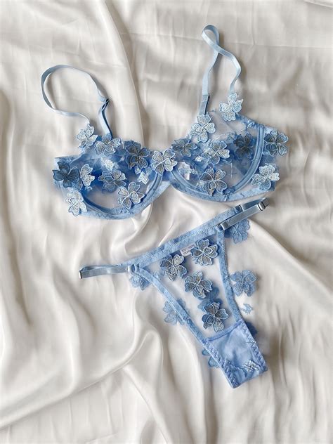 Blue Floral Lingerie Bride Lingerie Nude Sheer See Through Etsy