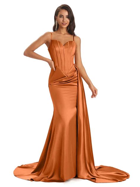 Mismatched Burnt Orange Sexy Side Slit Mermaid Soft Satin Long Bridesm