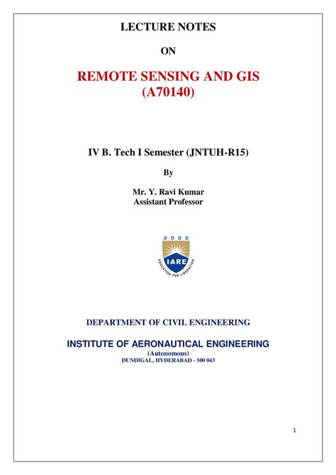 Iare Ce Rs And Gis Lecture Notes Lecture Notes On Remote Sensing And