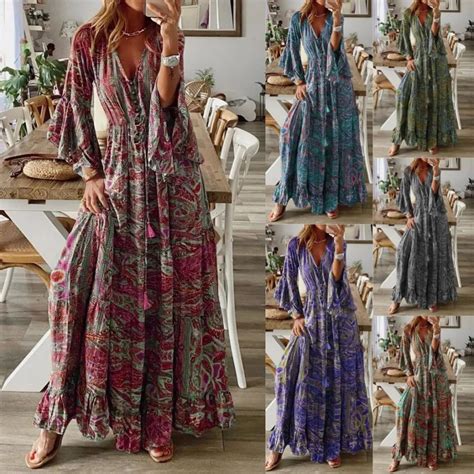 Women Bohemian Beach Maxi Dress Spring Summer Casual V Neck Long Sleeve