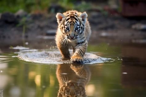 Premium AI Image | A tiger cub is swimming in the water.