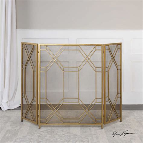 Geometric Lattice Metal Fireplace Screen - Antique Gold - Scenario Home