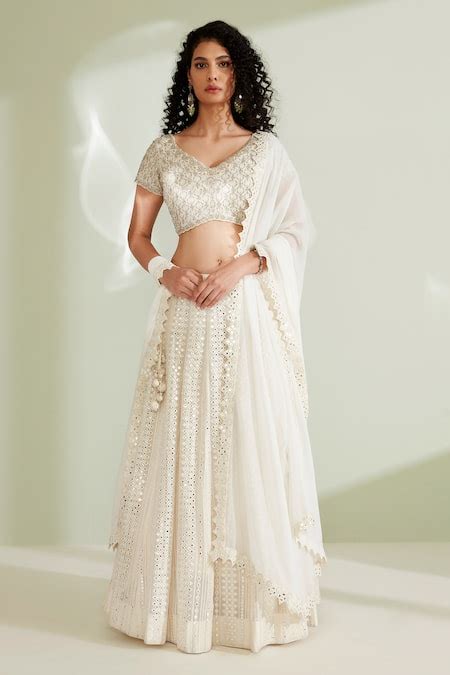 Buy White Georgette Embroidered Sequin V Neck Fleur Mirrorwork Lehenga