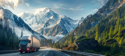 Premium Photo | Semi truck driving on highway with majestic mountain ...