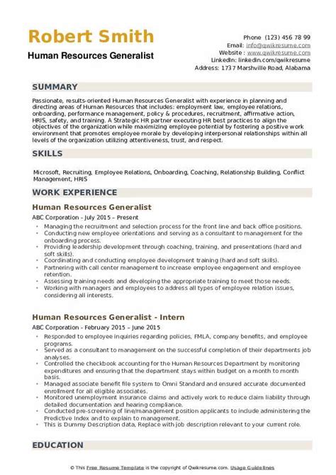 Human Resources Generalist Resume Samples Qwikresume Hr Resume