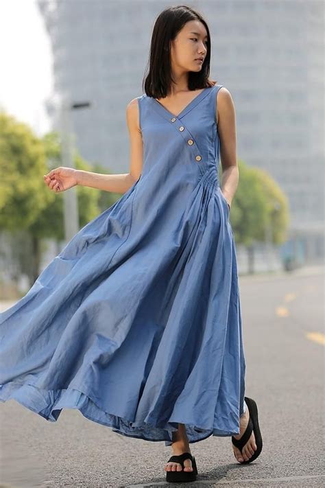 Blue Linen Dress Maxi Casual Summer Dress Long Length Etsy Long