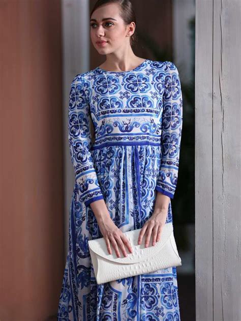 White And Blue Porcelain Round Neck Long Sleeve Dress Sheinsheinside