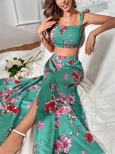 Shein Vcay Floral Print Ruffle Armhole Shirred Crop Top And Skirt Set