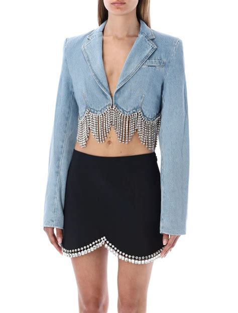 Area Scalloped Crystal Cropped Denim Jacket Editorialist