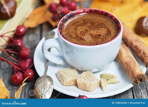 Hot Steaming Cup Of Coffee Stock Photo Image Of Cinnamon 128634296