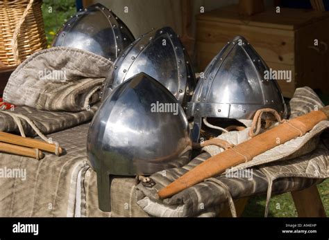 Close Up Of Replica Medieval Helmets Metal England Uk United Kingdom Gb