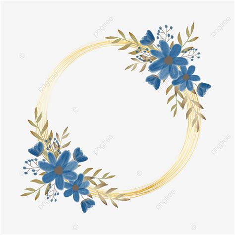 Moldura Do Círculo Dourado Buquê De Flores Azul Aquarela PNG