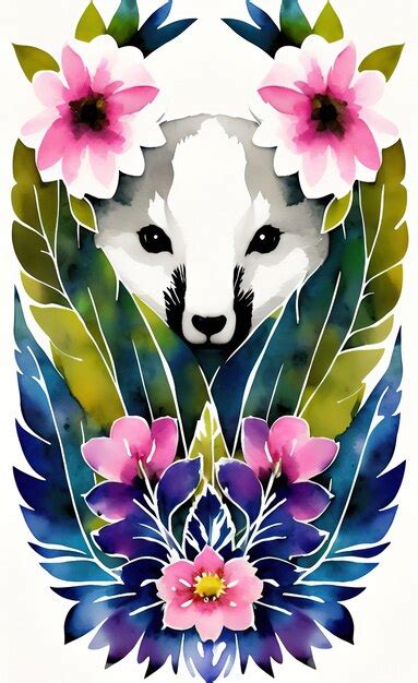 Premium Photo | A watercolor painting of a badger with flowers on it.