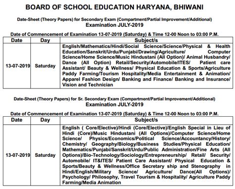 HBSE Class 10 Supplementary Exam 2019 Time Table Admit Card