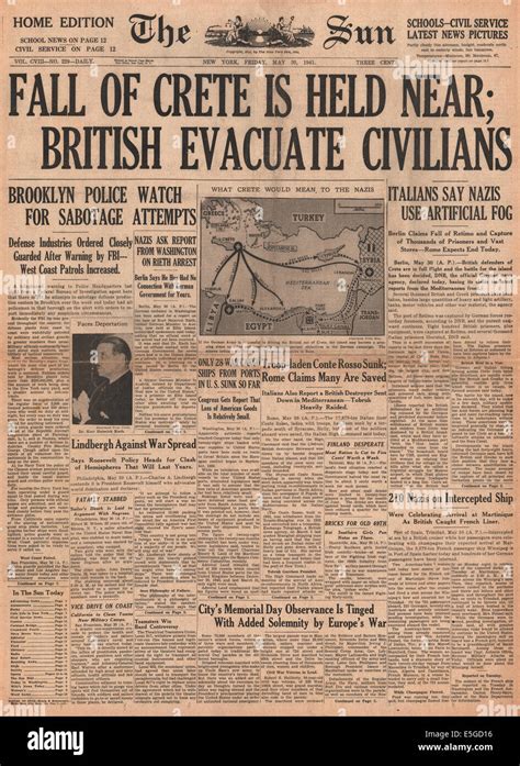 1941 The Sun New York USA Front Page Reporting The Fall Of Crete To