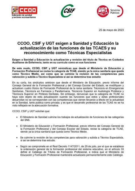 Ugt Ccoo Y Csif Exigen A Sanidad Y Educaci N La Actualizaci N De Las