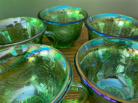 Green Carnival Glass Punch Bowl Set Etsy