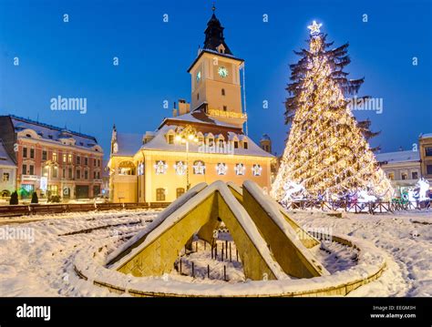 Old city square of Brasov during winter holidays, Brasov Romania Stock ...