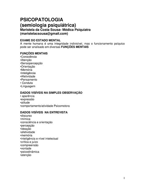 Psicopatologia Reusmo Psicopatologia Semiologia Psiquiátrica