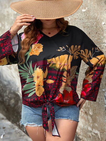 Search Floral Print Knot Hem Blouse Shein Usa