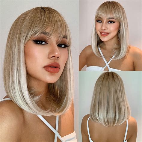 Long Bob Hairstyle Synthetic Hair Silky Straight With Bangs Capless