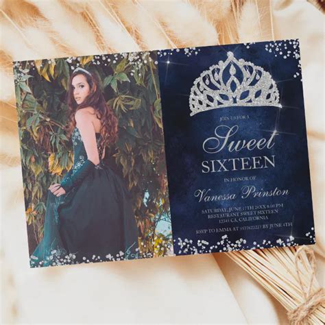 Silver Glitter Navy Blue Photo Tiara Sweet Invitation Zazzle