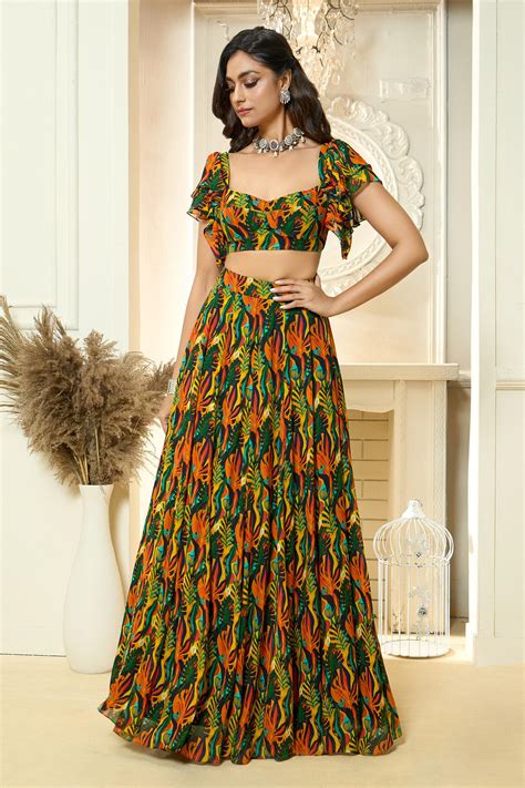 Buy Multi Color Viscose Georgette Ruffle Sleeve Blouse And Lehenga Set