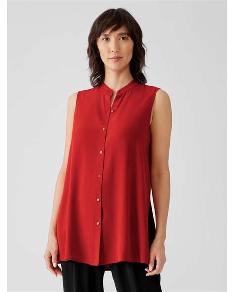 Eileen Fisher Silk Georgette Crepe Sleeveless Shirt In Red Lyst