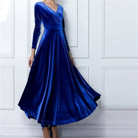 Clearance Harpily Women Formal Dress Long Sleeved V Neck Gold Velvet Dress Blue Xl