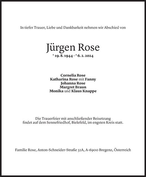 Todesanzeigen von Jürgen Rose Todesanzeigen Vorarlberger Nachrichten