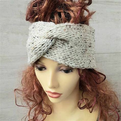 Szeroka Opaska Turban Podwójnie Robiona Handmade Beż Tweed ღ art Madam pl