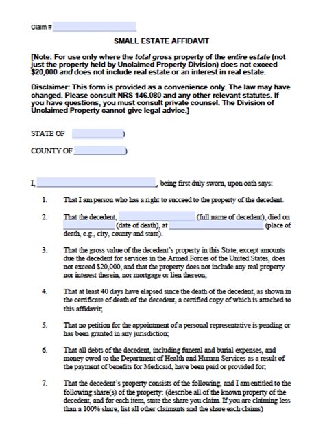 Free Nevada Small Estate Affidavit Form Pdf Word