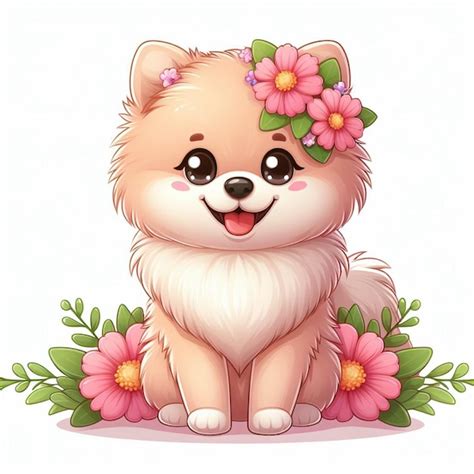 Le Mignon Chien De Pom Ranie Et Les Fleurs Illustration De Dessin Anim