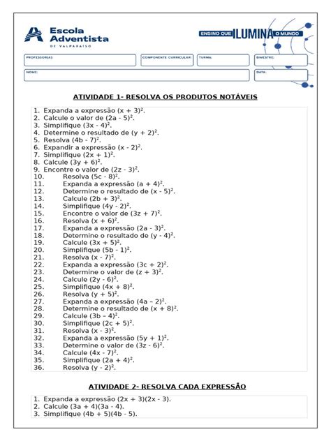 Exercícios de Produtos Notáveis 9º Ano | PDF