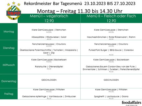 SK Rapid Menüplan Rekordmeister Bar vom 23 Oktober 27 Oktober 2023