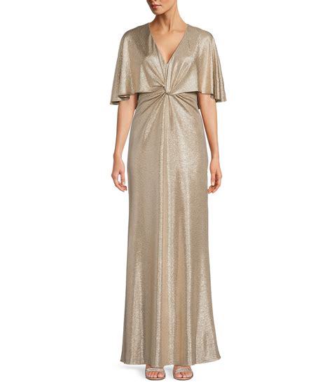 Lauren Ralph Lauren Metallic V Neck Sleeveless Cape Overlay Gown