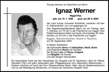 Traueranzeigen Von Ignaz Werner Trauer Bz