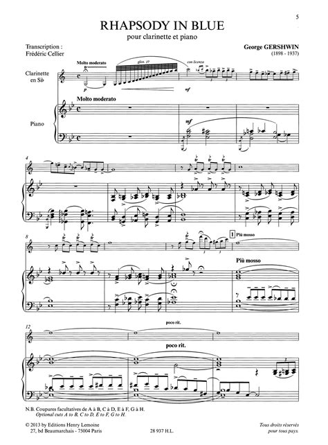 Gershwin Rhapsody In Blue Clarinet And Piano Arrangement By Cellier