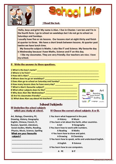 School Life Reading For Detail Dee English Esl Worksheets Pdf And Doc