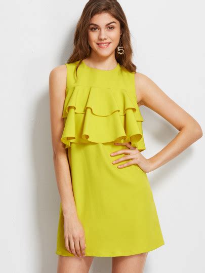 Layered Ruffle Trim Buttoned Keyhole Back Sleeveless Dress Shein