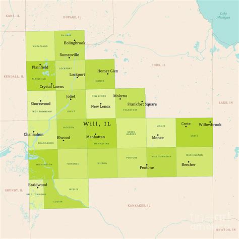 IL Will County Vector Map Green Digital Art by Frank Ramspott - Fine ...