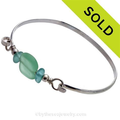 Aqua Beach Found Sea Glass Bangle Bracelet W Handmade Bead Sb1650