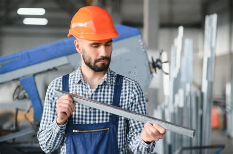 Factory Worker Measures The Metal Profile Stock Image Image Of