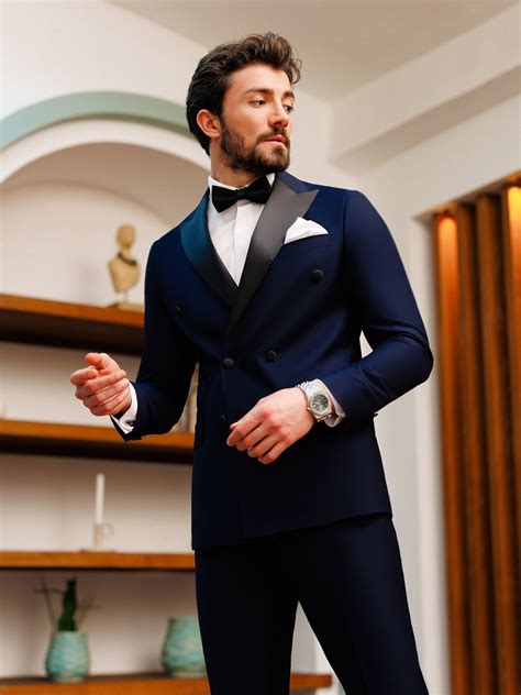 Navy Double Breasted Tuxedo Piece Dress Suits For Men Double